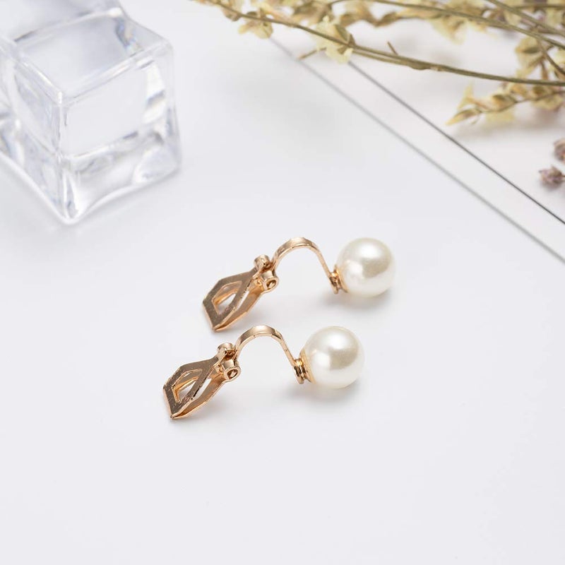 ADAIER Clip On Stud Earrings with 8mm Simulated Freshwater Shell Pearl,Non-Pierced Ears Jewelry for Women(SE-08) (Gold) - Image 3